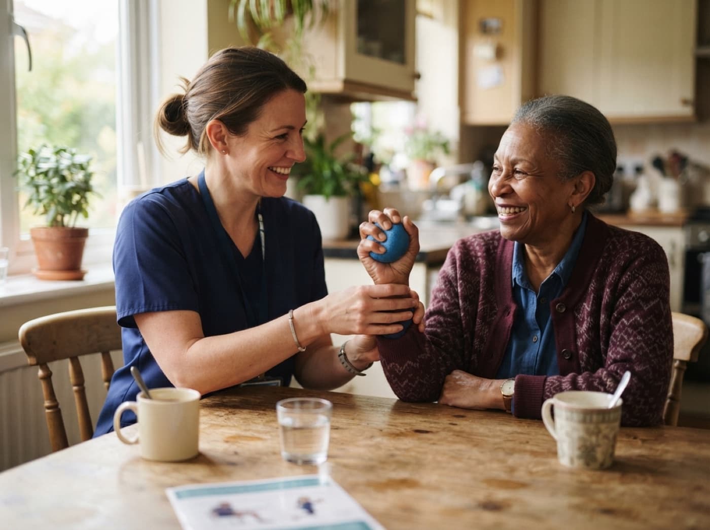 An occupational therapist working with a patient at her kitchen table