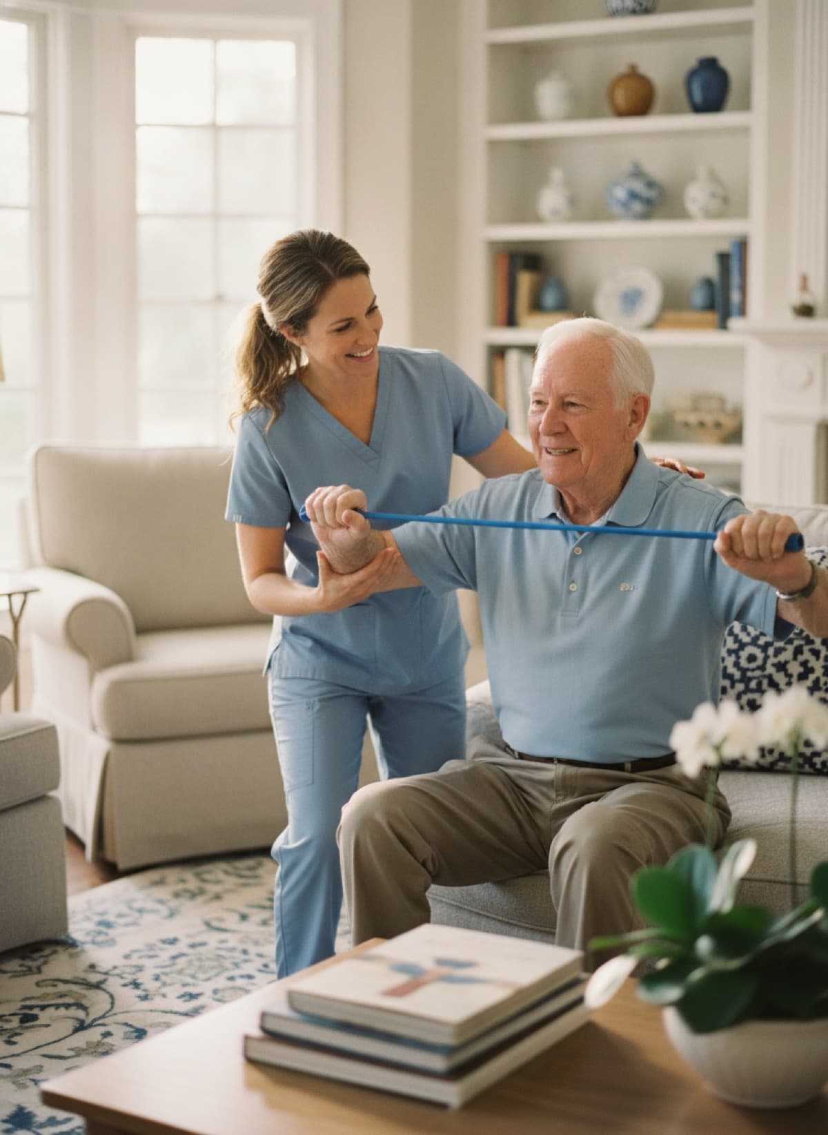 A Borges physical therapist guiding a patient through an exercise at home